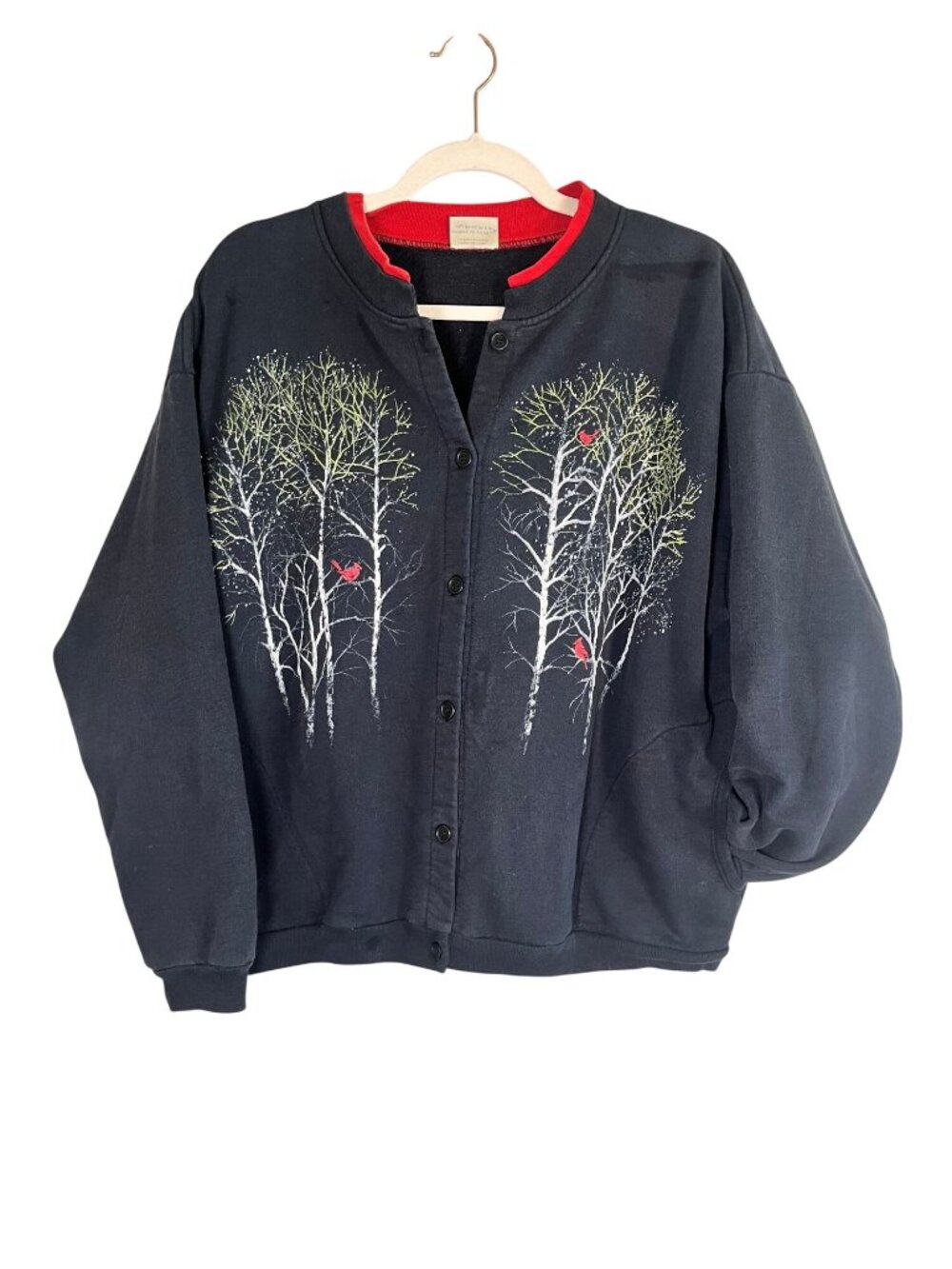 Vintage Cardinal Sweater L Retro Mod Classic Cottage Festive Holiday Glitter 80s